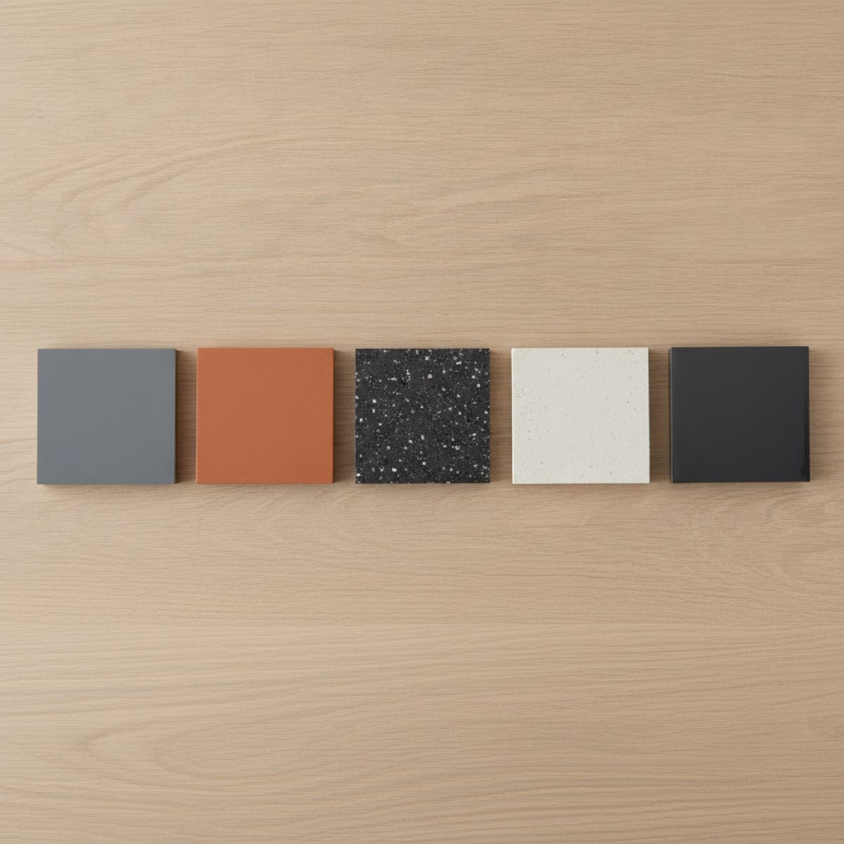 Five resin floor colour and finish swatches in grey, terracotta, graphite fleck, pale stone and dark charcoal, laid out side by side