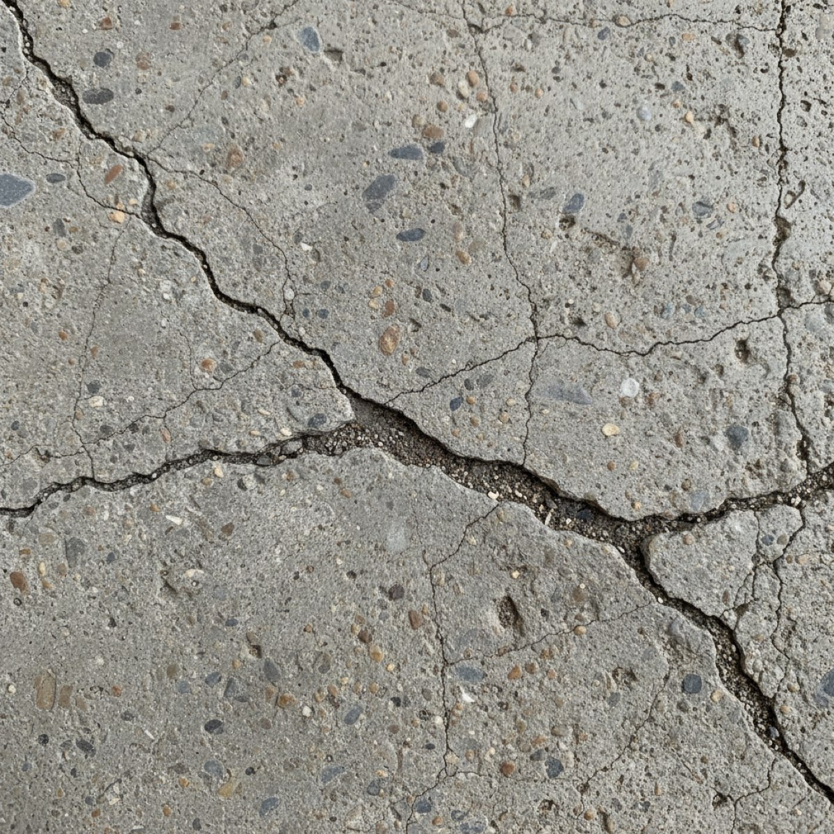 Close-up of a cracked concrete floor slab showing hairline and settlement cracks before repair