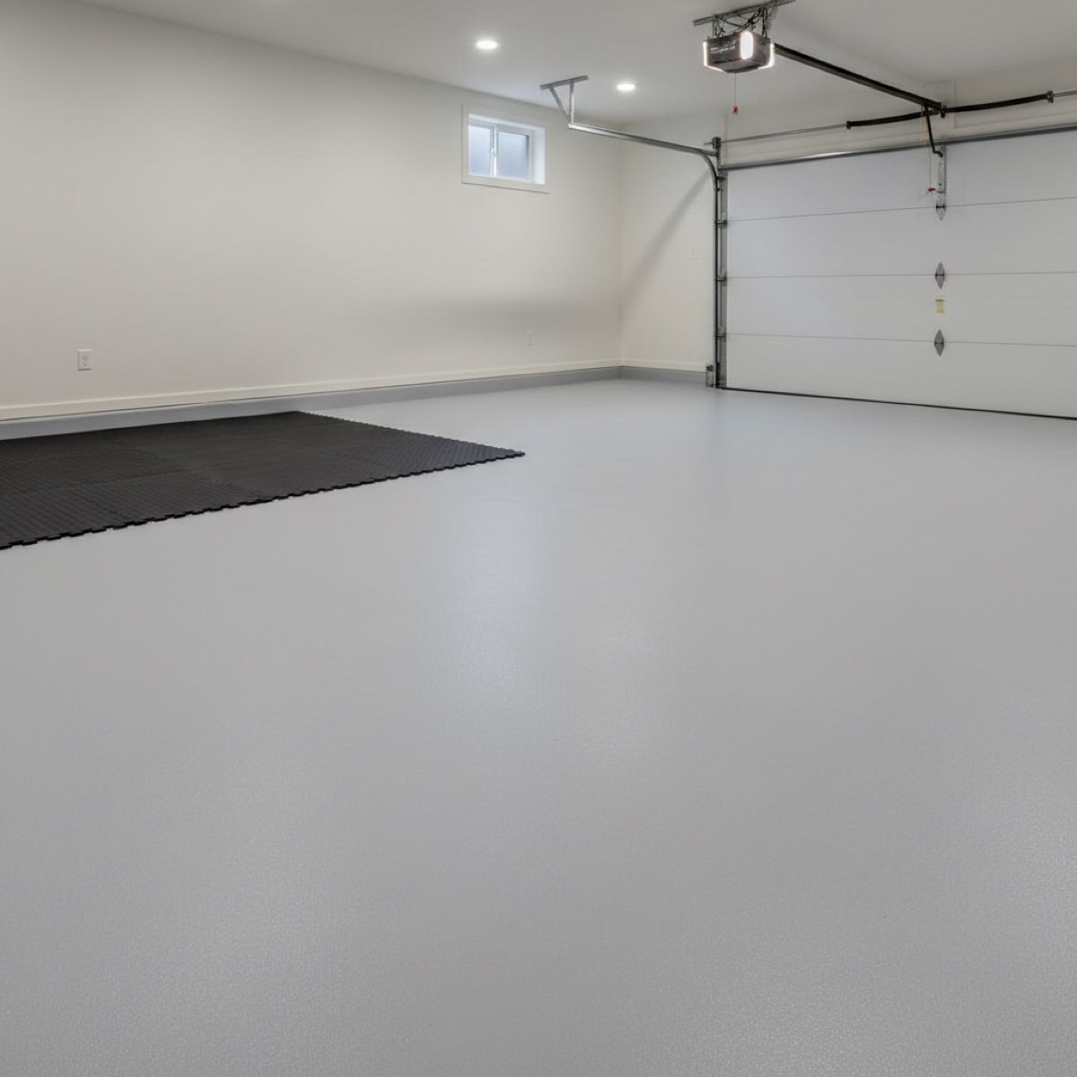 Home garage gym floor with seamless grey resin flooring and a black rubber gym mat zone in one corner