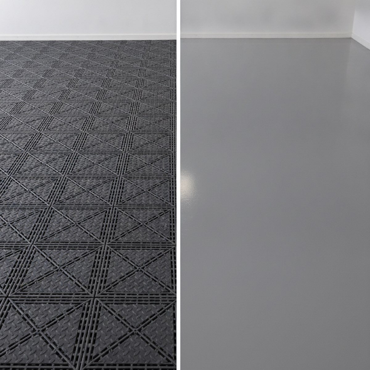 Side-by-side comparison of an interlocking garage floor tile grid with visible joint lines next to a seamless resin floor surface