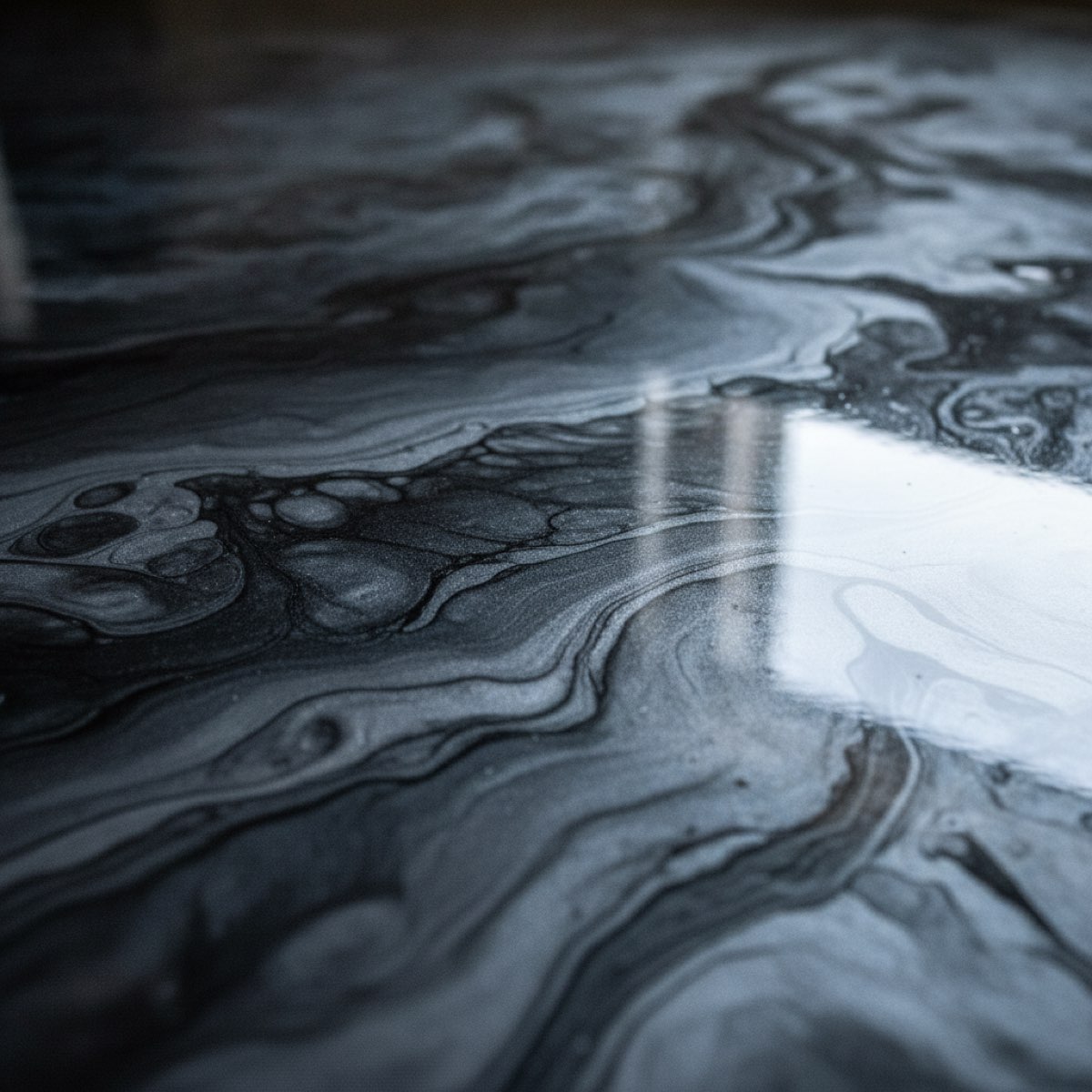 Close-up of a metallic epoxy floor showing the marbled, cloud-like swirl pattern created by working the pigment while the resin is still wet