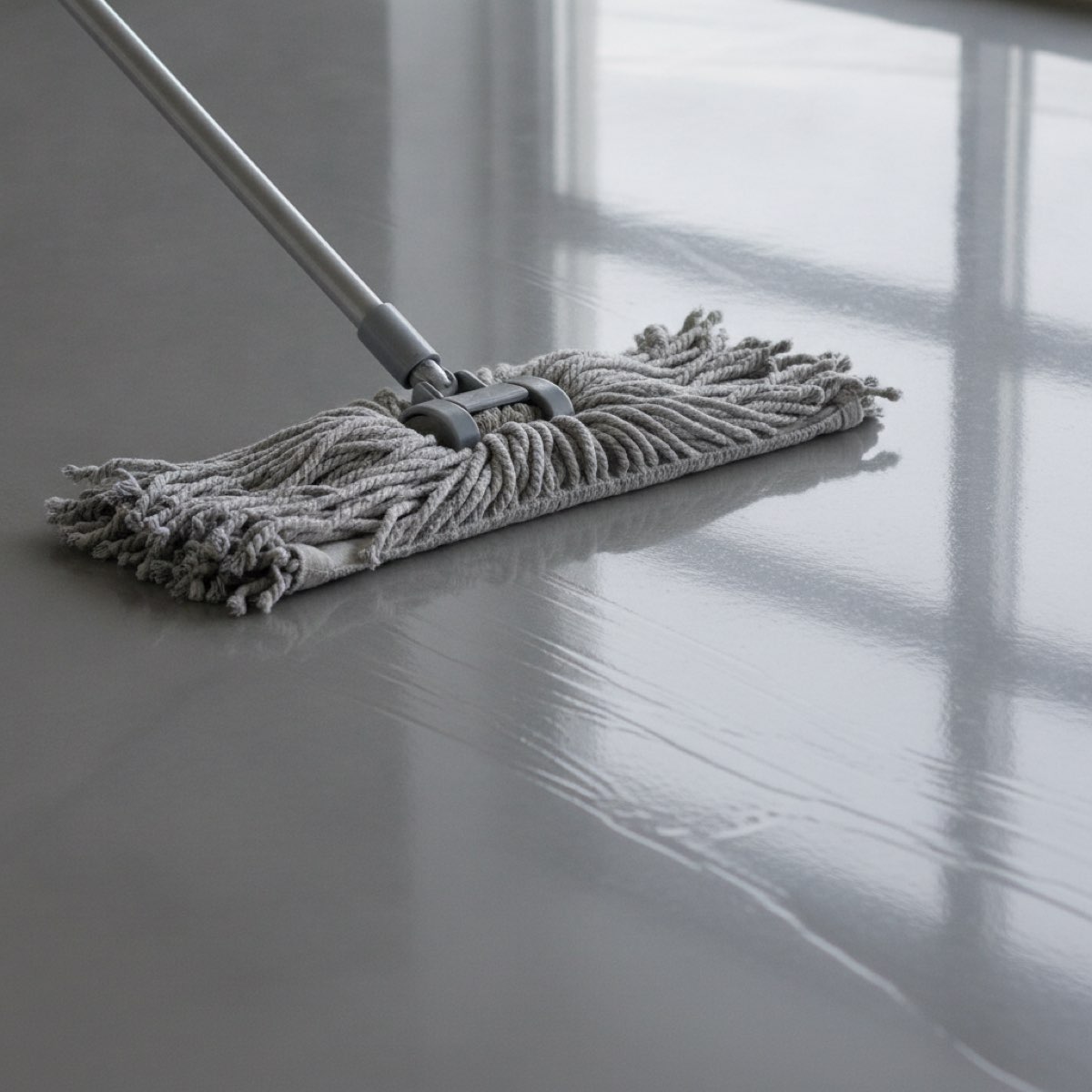 A plain mop cleaning a glossy resin floor surface