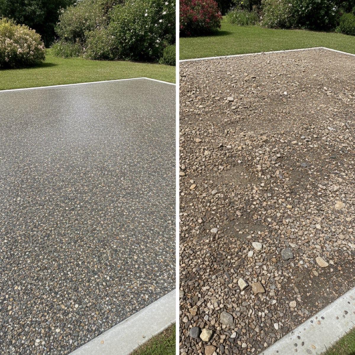 Side-by-side comparison of a smooth resin-bound driveway surface next to a loose scattered-stone resin-bonded surface