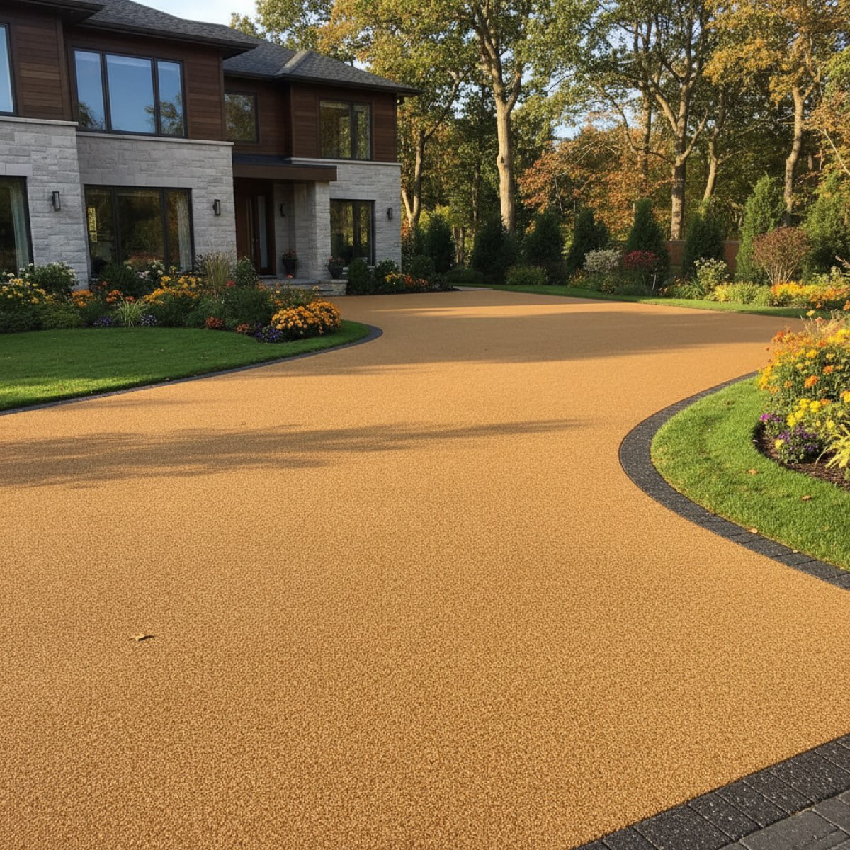 A resin-bound driveway in a warm golden-buff colour with a contrasting darker border detail