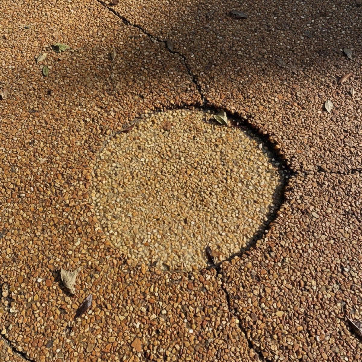 Close-up of a resin-bound driveway surface with a visible repair patch that does not perfectly blend with the surrounding colour
