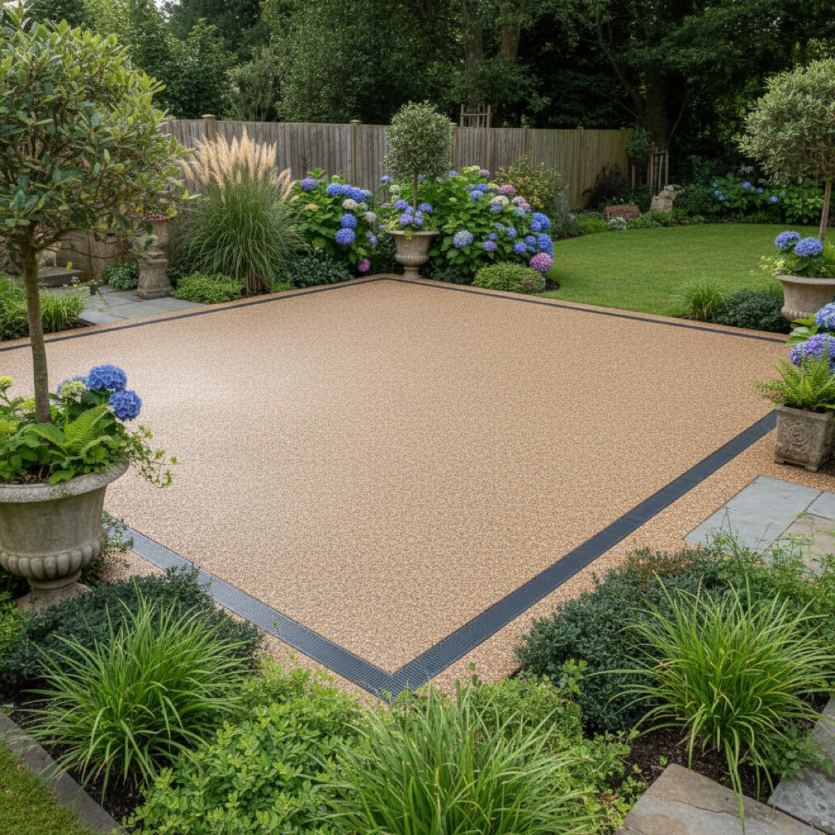 A finished resin-bound patio in a warm stone colour with a simple contrasting border detail in a garden setting