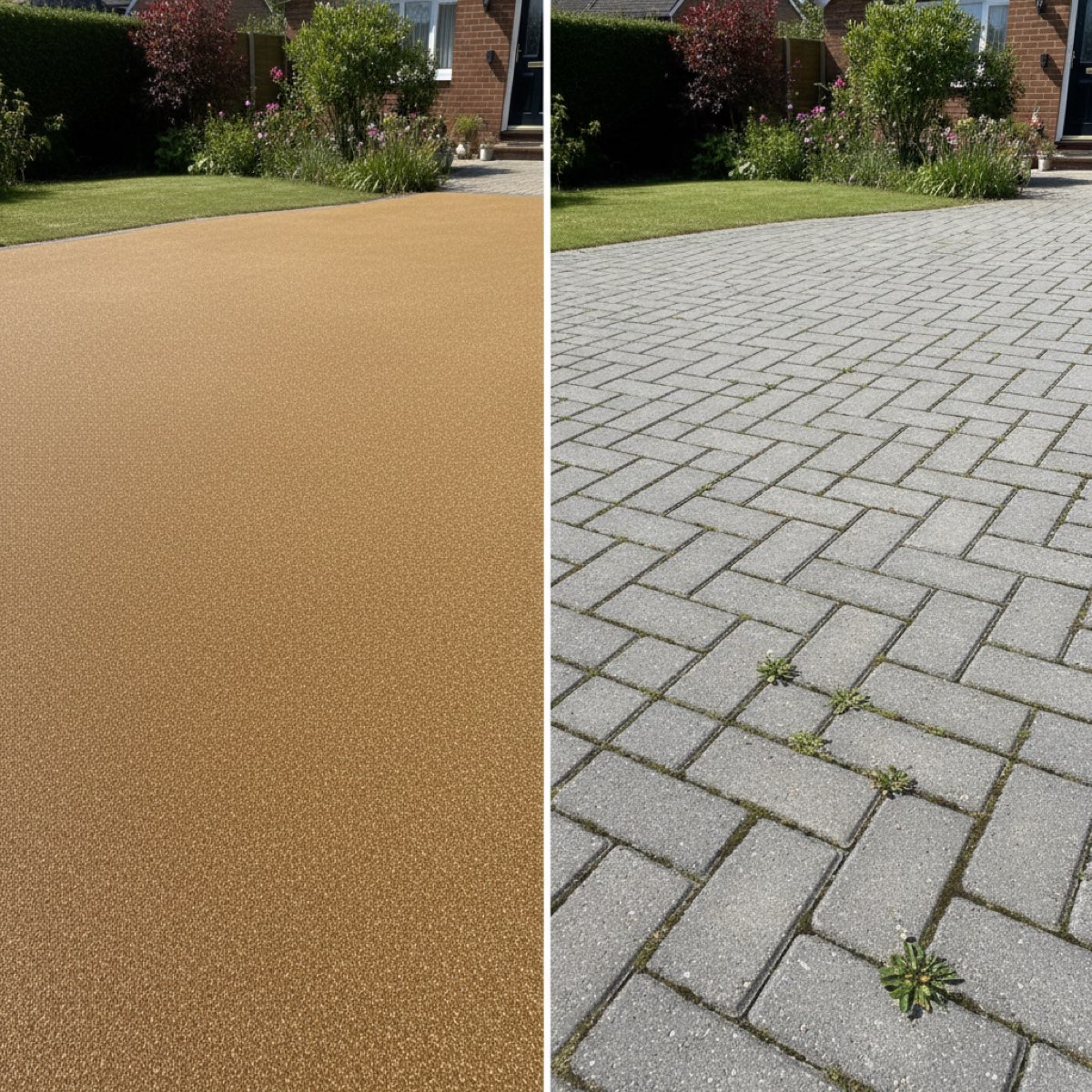 Side-by-side comparison of a smooth seamless resin-bound driveway next to block paving with weeds growing in the joints