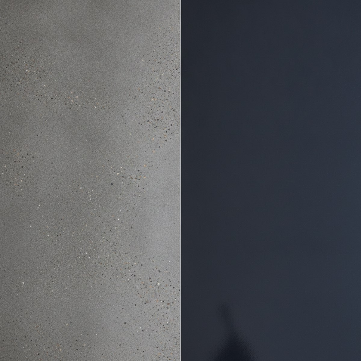 Side-by-side comparison of a raw grey polished concrete surface next to a smooth designed dark resin floor finish