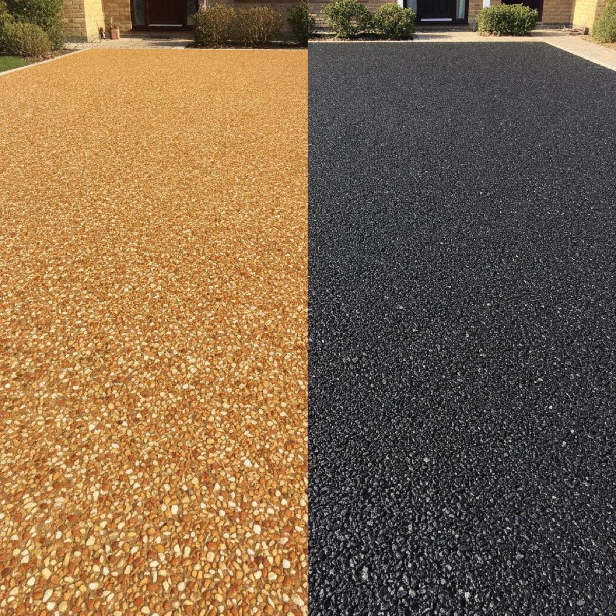 Side-by-side comparison of a warm coloured resin-bound driveway next to plain black tarmac